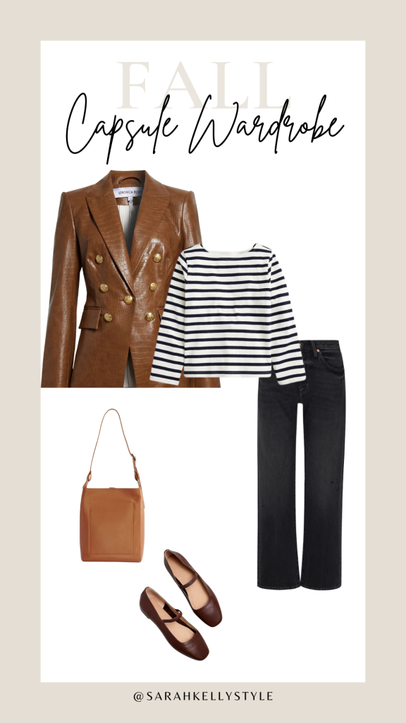 fall capsule wardrobe outfit idea with black jeans, blazer, stripe top + ballet flats 