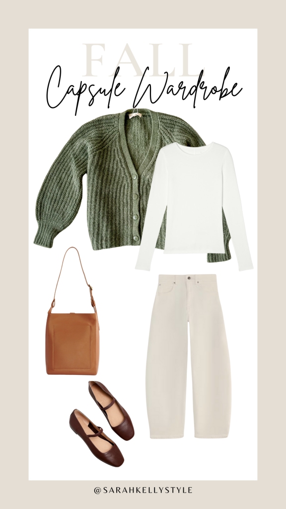 fall capsule wardrobe 2024 outfit with off white jeans, ribbed top, knit cardigan + ballet flats 