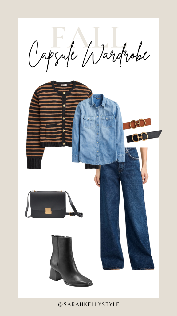 fall capsule wardrobe 2024 outfit idea with wide leg jeans, denim shirt, lady cardigan + boots 