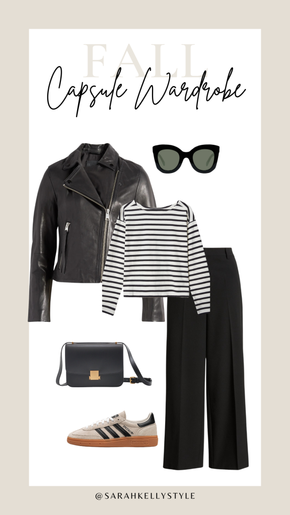 fall capsule 2024 outfit with wide leg pants, stripe top, leather jacket + sneakers
