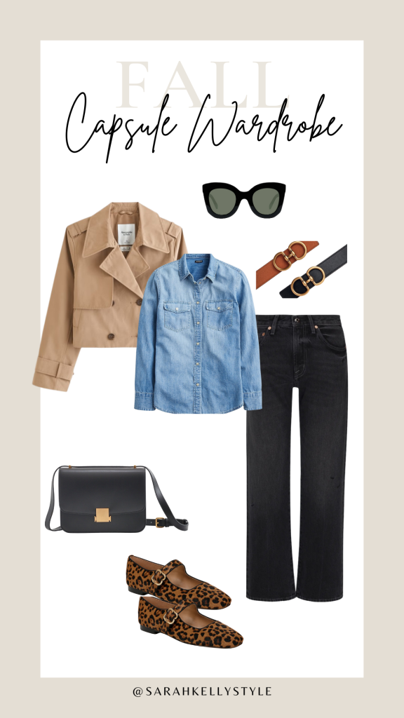 how to wear black jeans in fall capsule 2024 with trench coat + denim shirt + leopard flats 